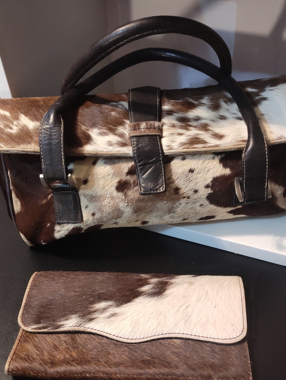 Brown Cowhide Satchel and Matching Wallet with Dark Leather Trim